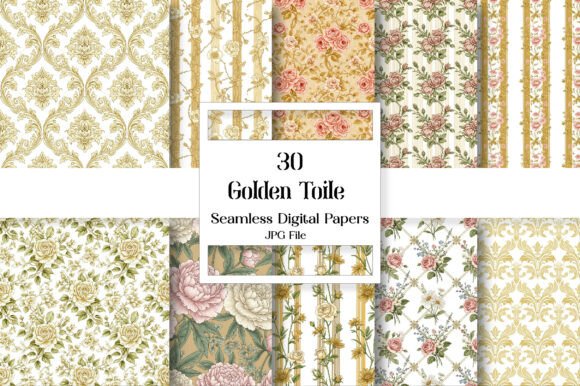 Golden Toile Digital Paper Pack: Vintage Luxury for Modern Designs