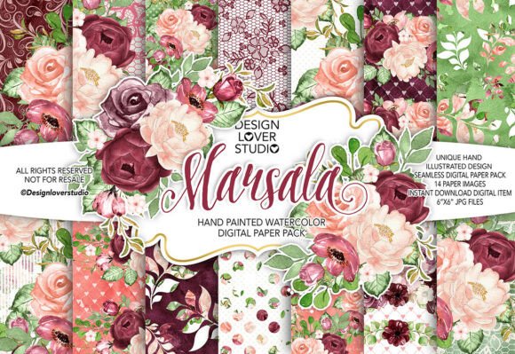 Watercolor MARSALA Digital Paper Pack, F: Hand-Painted Elegance
